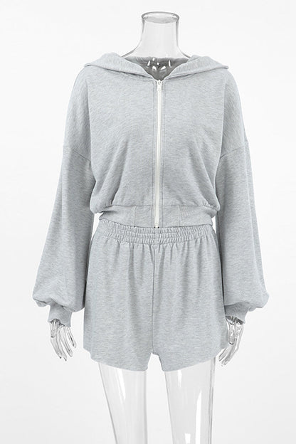 Ropa deportiva informal de color sólido con cremallera y capucha de manga larga de dos piezas