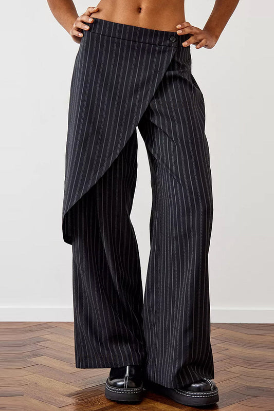Pantalones casuales de rayas con estampado de botones y patchwork irregulares, sueltos, de cintura media y pierna ancha