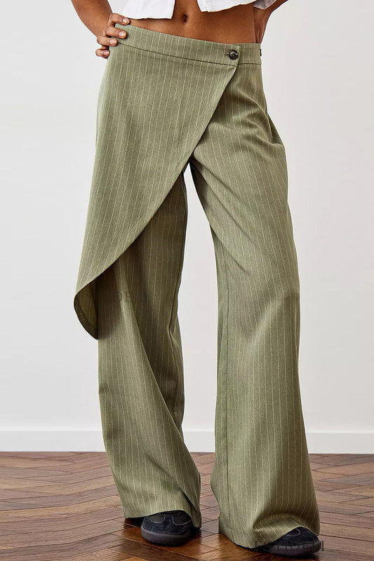 Pantalones casuales de rayas con estampado de botones y patchwork irregulares, sueltos, de cintura media y pierna ancha