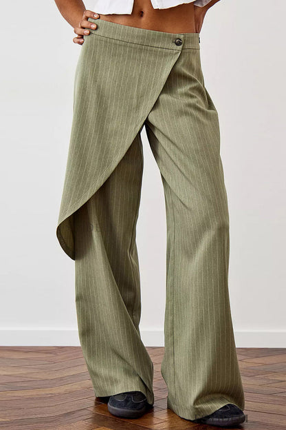 Pantalones casuales de rayas con estampado de botones y patchwork irregulares, sueltos, de cintura media y pierna ancha