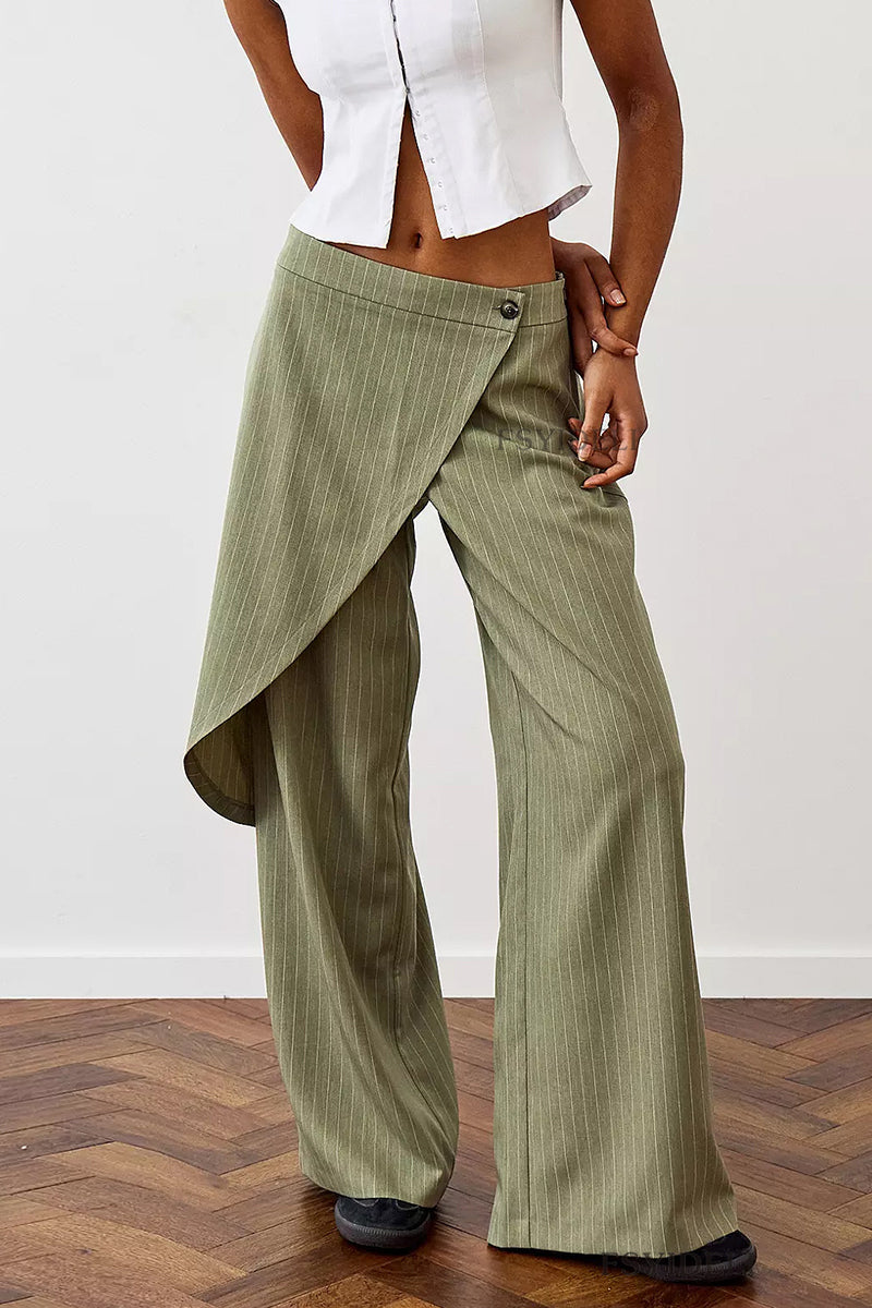 Pantalones casuales de rayas con estampado de botones y patchwork irregulares, sueltos, de cintura media y pierna ancha