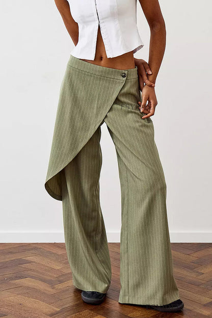 Pantalones casuales de rayas con estampado de botones y patchwork irregulares, sueltos, de cintura media y pierna ancha