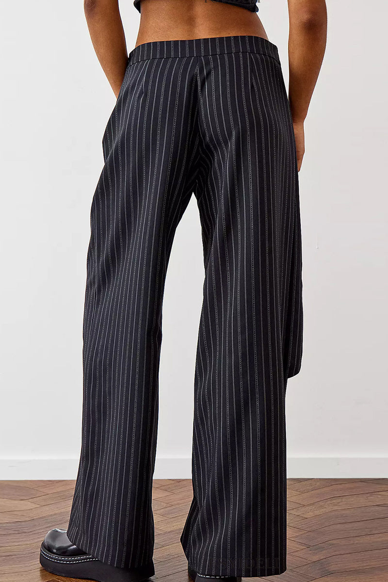 Pantalones casuales de rayas con estampado de botones y patchwork irregulares, sueltos, de cintura media y pierna ancha