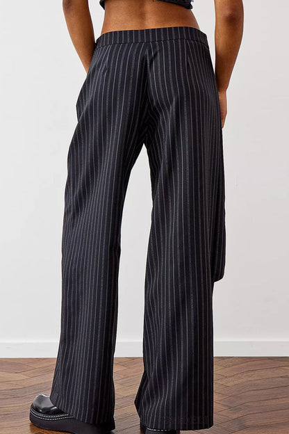 Pantalones casuales de rayas con estampado de botones y patchwork irregulares, sueltos, de cintura media y pierna ancha