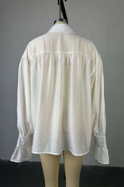 Blusas casuales de calle con botones de color liso y cuello vuelto transparentes