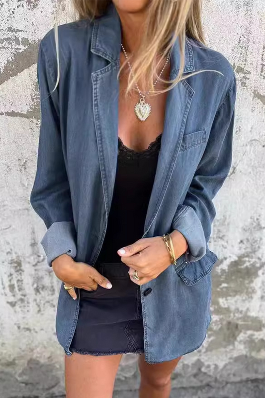 Chaqueta vaquera holgada informal de uso diario con botones de color liso, cuello vuelto y manga larga (4 colores)