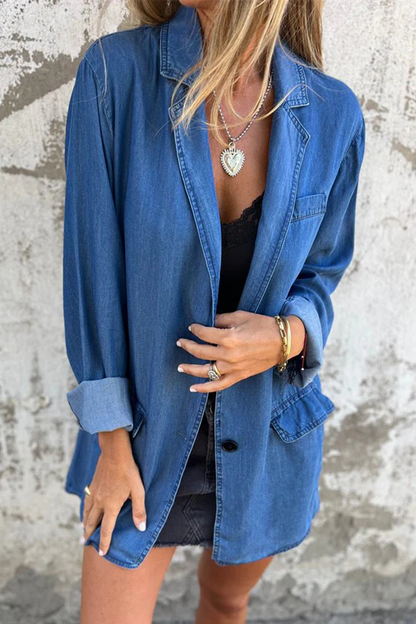 Chaqueta vaquera holgada informal de diario con botones y cuello vuelto, manga larga (4 colores)