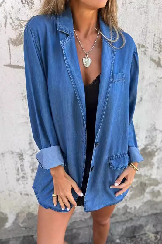 Chaqueta vaquera holgada informal de diario con botones y cuello vuelto, manga larga (4 colores)