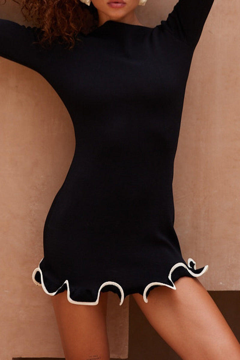 Vestidos casuales de manga larga con cuello redondo y orillo de fibra para uso diario (3 colores)