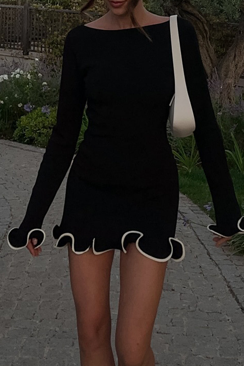 Vestidos casuales de manga larga con cuello redondo y orillo de fibra para uso diario (3 colores)