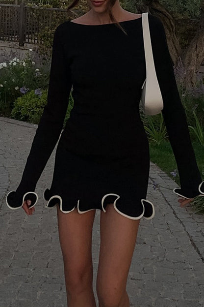 Vestidos casuales de manga larga con cuello redondo y orillo de fibra para uso diario (3 colores)