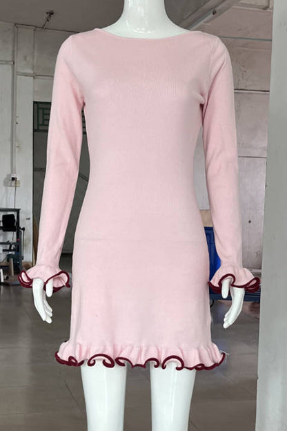 Vestidos casuales de manga larga con cuello redondo y orillo de fibra para uso diario (3 colores)
