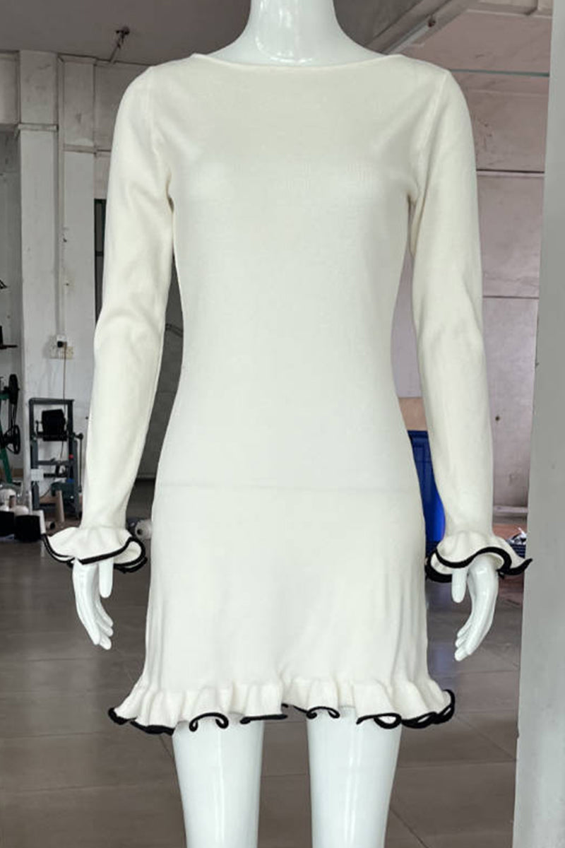 Vestidos casuales de manga larga con cuello redondo y orillo de fibra para uso diario (3 colores)