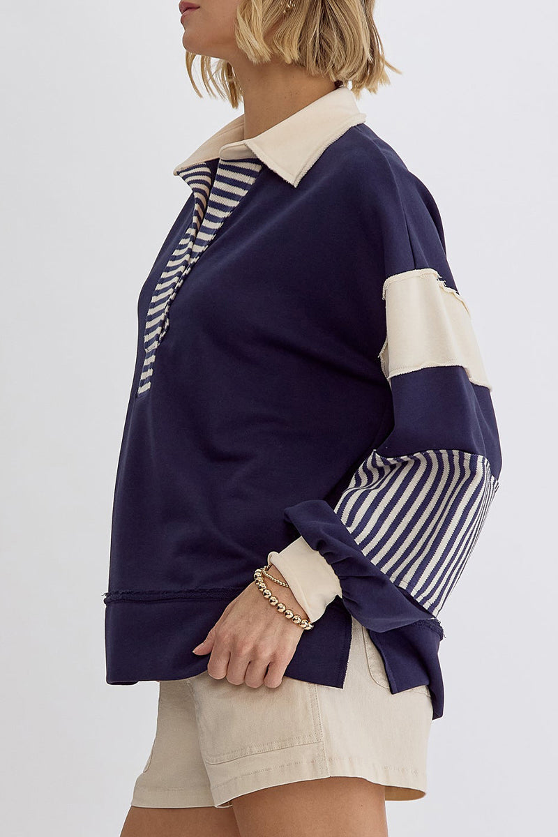 Sudadera informal con cuello vuelto, rayas y patchwork en contraste (8 colores)