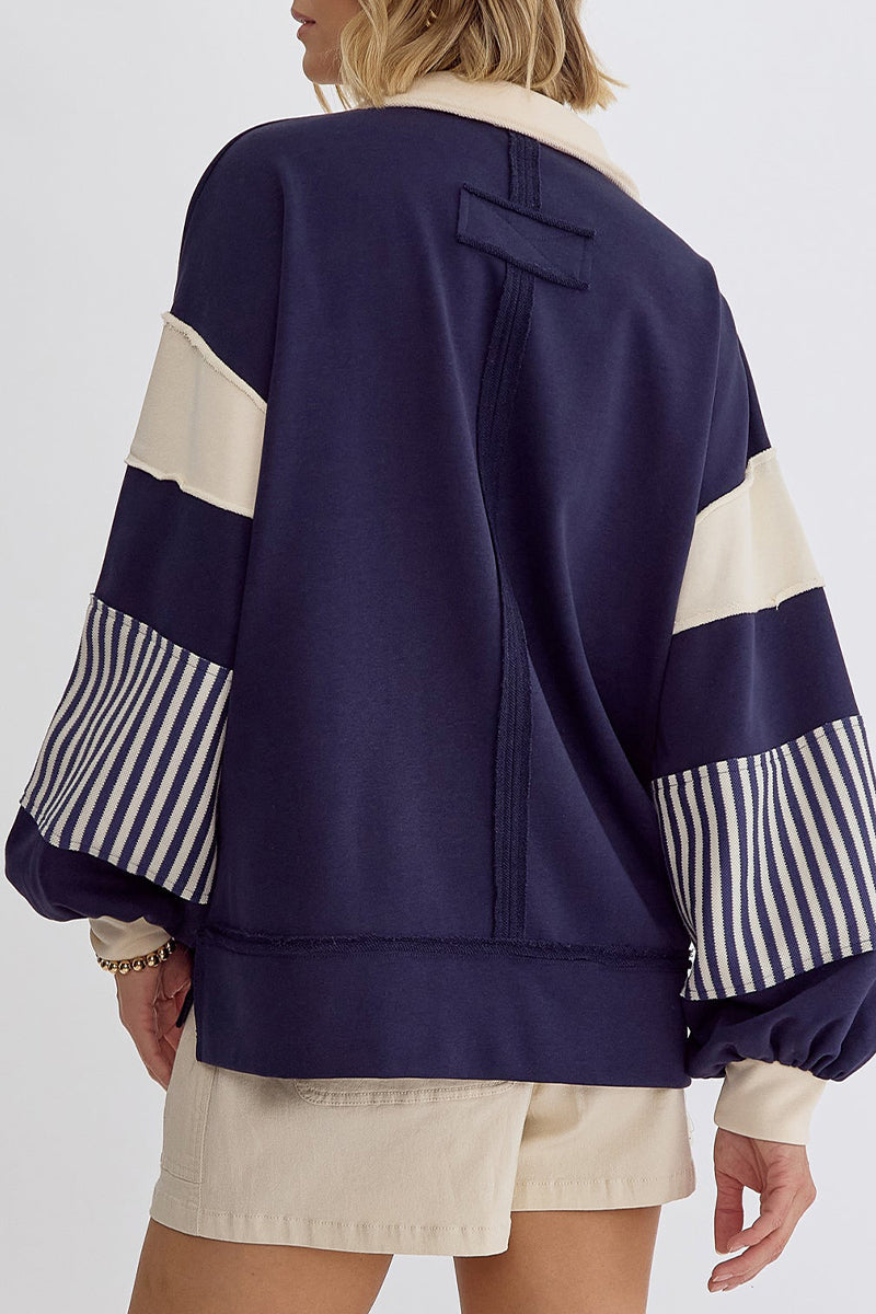 Sudadera informal con cuello vuelto, rayas y patchwork en contraste (8 colores)