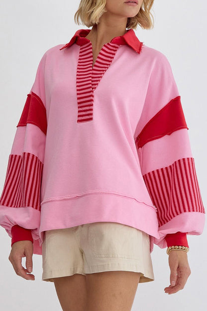 Sudadera informal con cuello vuelto, rayas y patchwork en contraste (8 colores)
