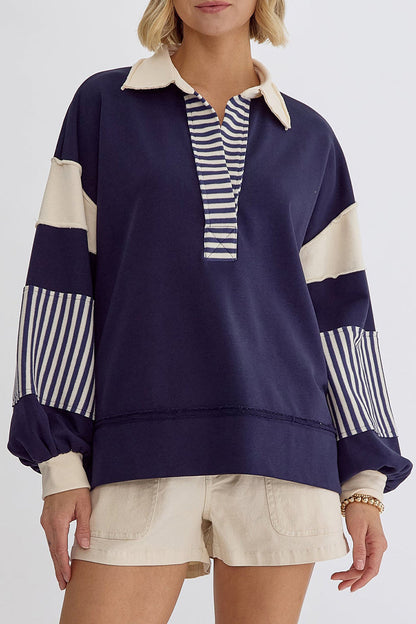 Sudadera informal con cuello vuelto, rayas y patchwork en contraste (8 colores)