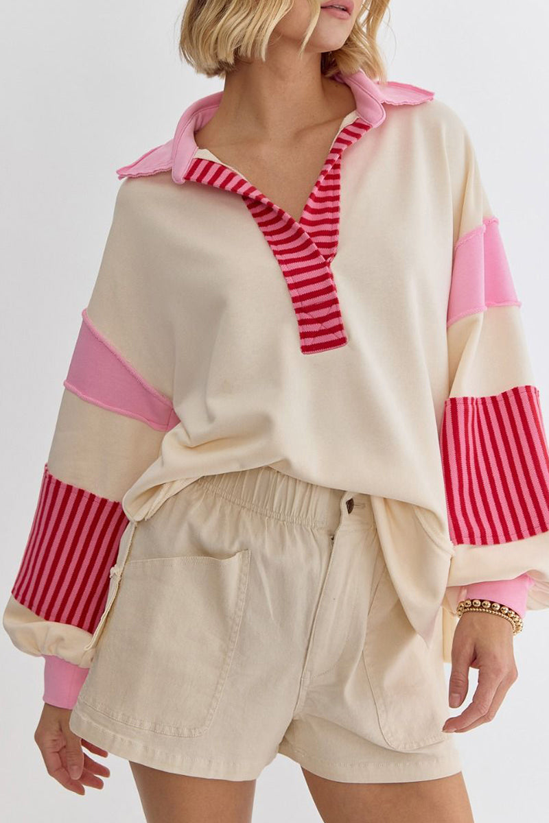 Sudadera informal con cuello vuelto, rayas y patchwork en contraste (8 colores)