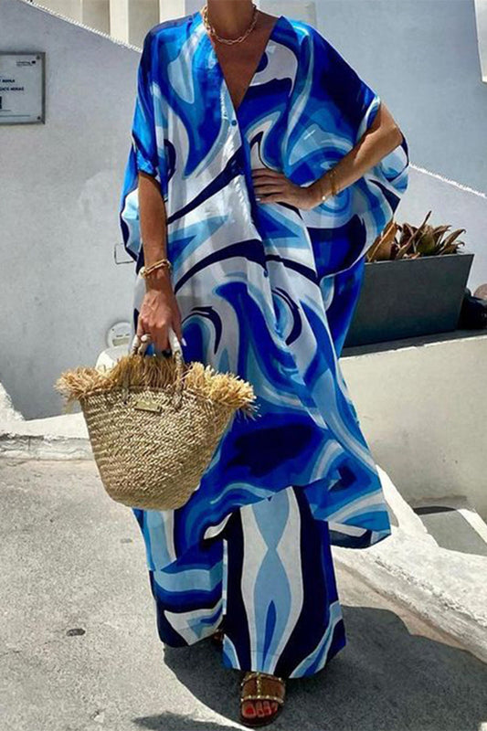 Conjunto informal de dos piezas con cuello en V, media manga y estampado tie-dye para vacaciones