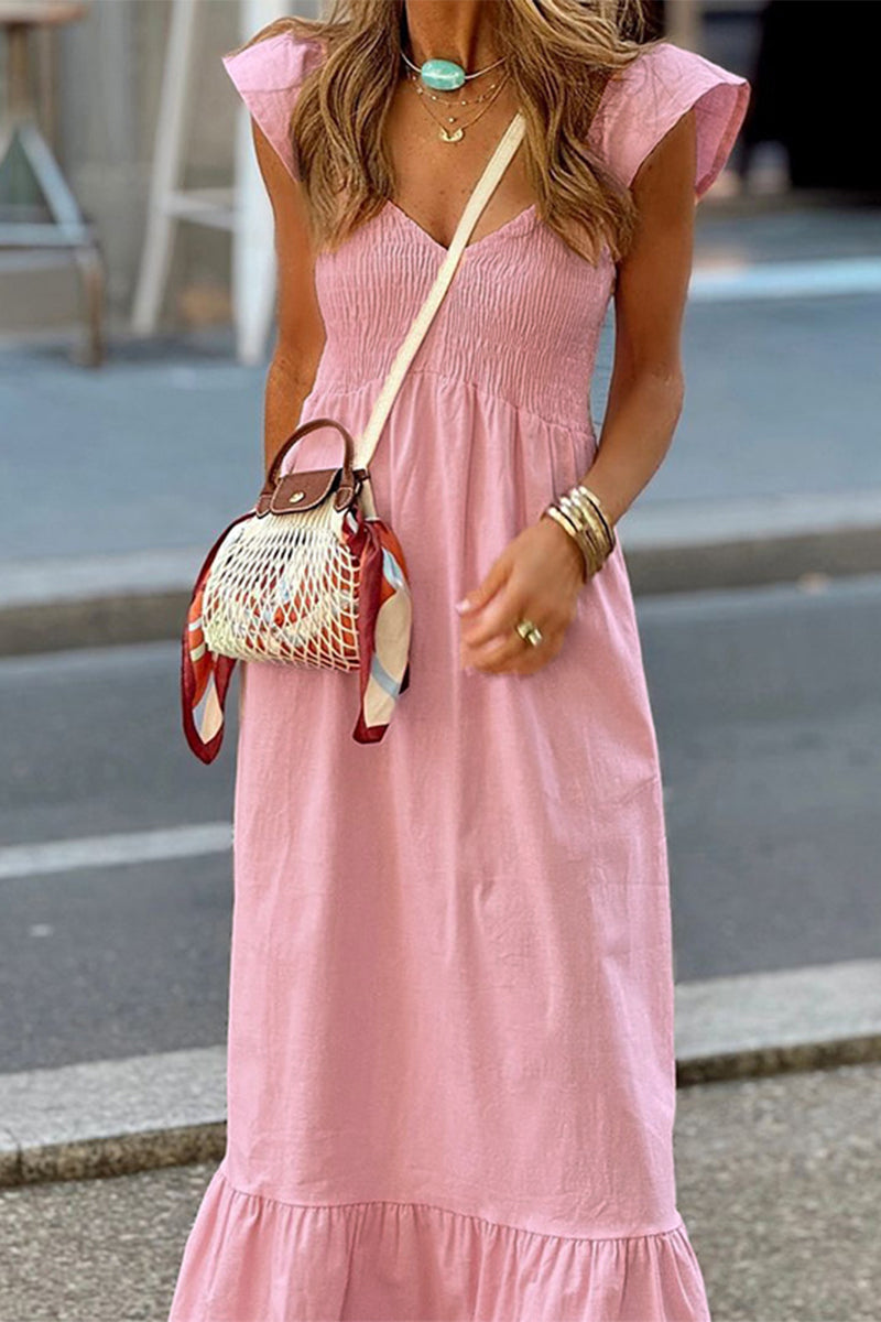 Vestidos casuales de corte A con escote en V y volantes de color sólido