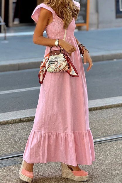 Vestidos casuales de corte A con escote en V y volantes de color sólido