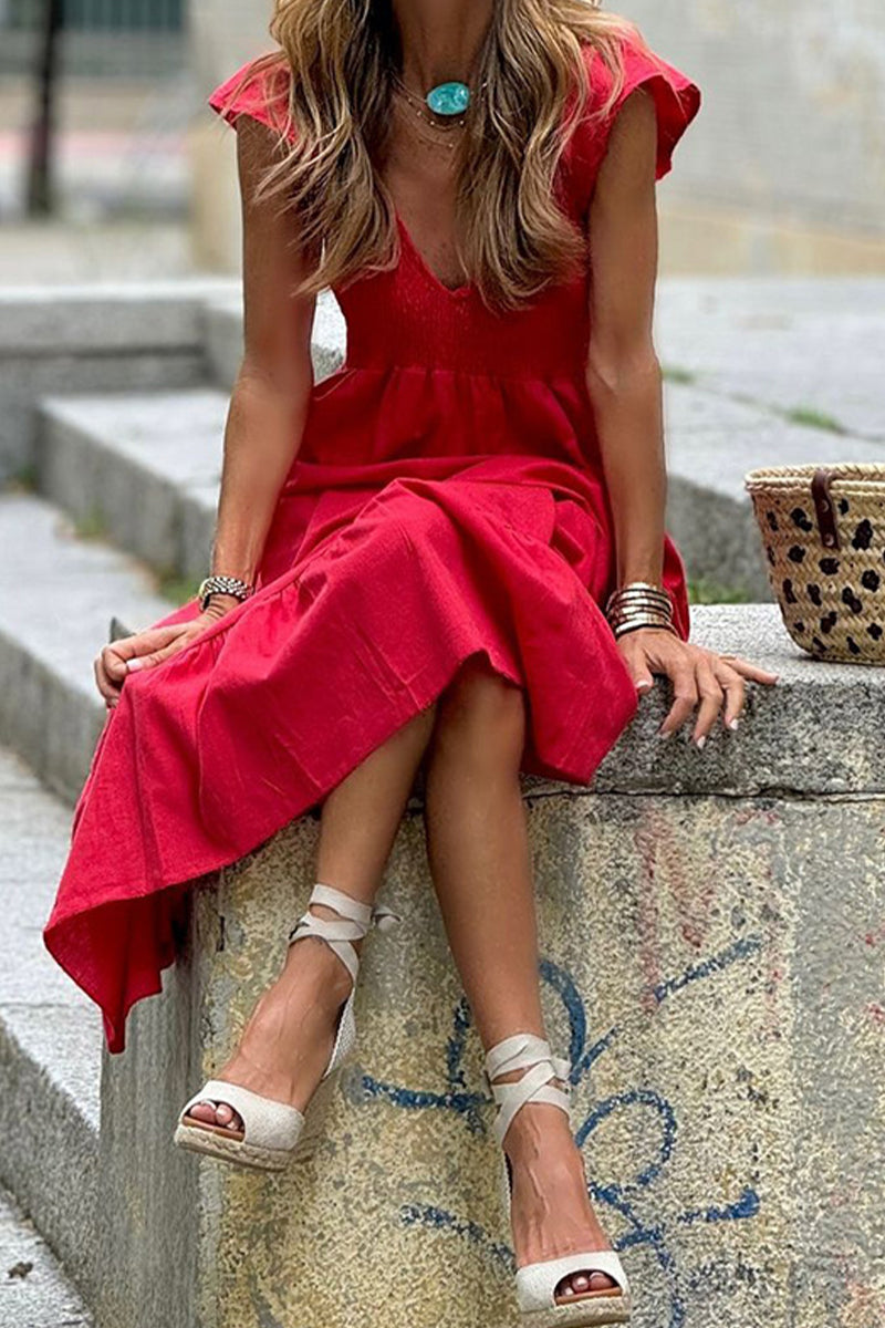 Vestidos casuales de corte A con escote en V y volantes de color sólido