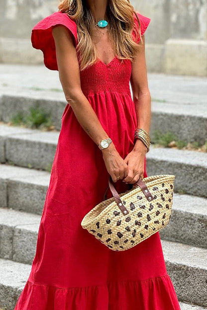 Vestidos casuales de corte A con escote en V y volantes de color sólido