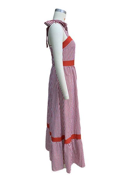 Vestidos casuales de calle con estampado de rayas, cordones, patchwork, contraste, cuello cuadrado y tirantes