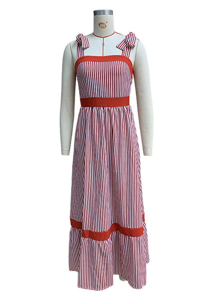 Vestidos casuales de calle con estampado de rayas, cordones, patchwork, contraste, cuello cuadrado y tirantes