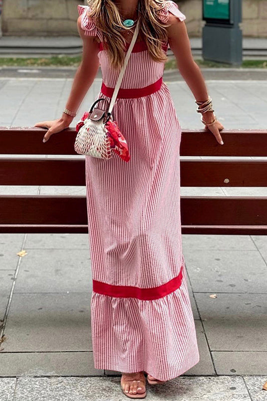 Vestidos casuales de calle con estampado de rayas, cordones, patchwork, contraste, cuello cuadrado y tirantes