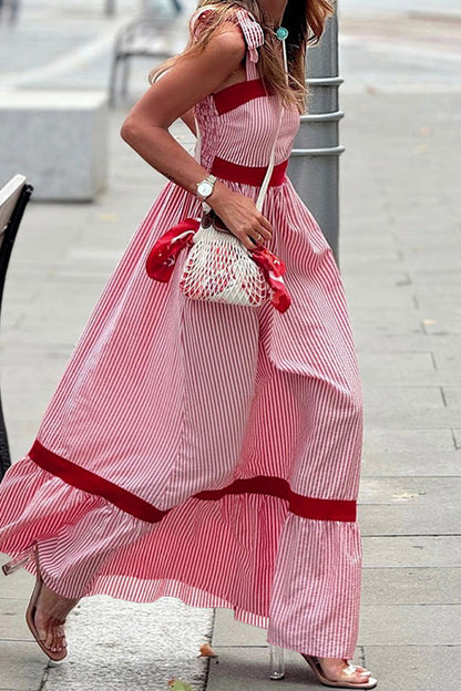 Vestidos casuales de calle con estampado de rayas, cordones, patchwork, contraste, cuello cuadrado y tirantes