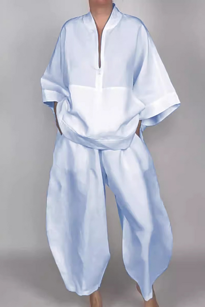 Conjunto informal de dos piezas con cuello con cremallera y bolsillo para uso diario (5 colores)