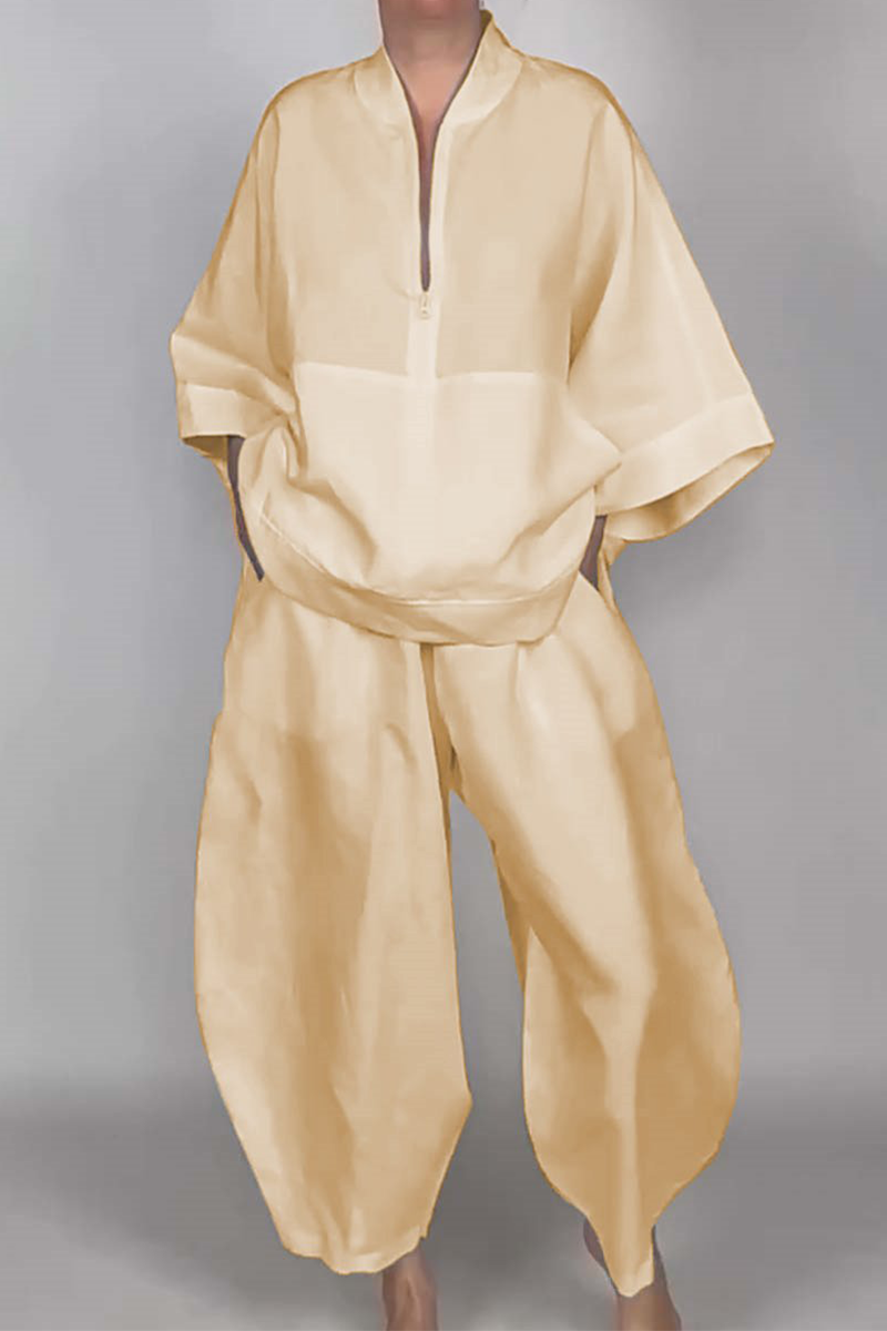 Conjunto informal de dos piezas con cuello con cremallera y bolsillo para uso diario (5 colores)