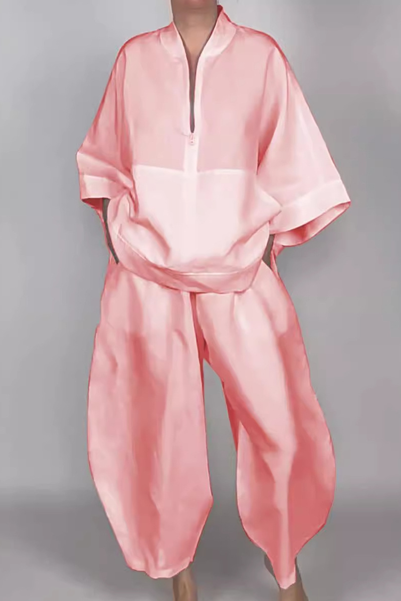 Conjunto informal de dos piezas con cuello con cremallera y bolsillo para uso diario (5 colores)