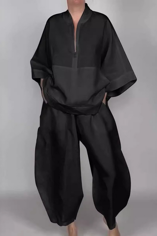 Conjunto informal de dos piezas con cuello con cremallera y bolsillo para uso diario (5 colores)
