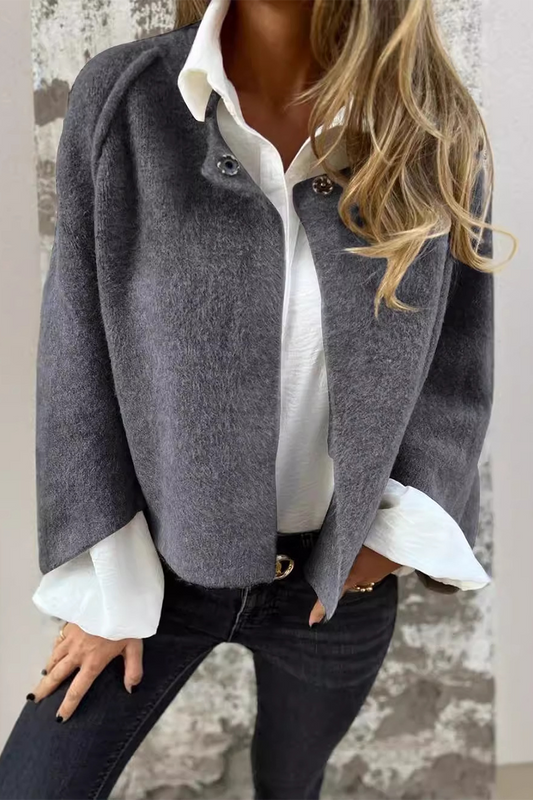 Prendas de abrigo informales de color liso con botones y patchwork, cuello redondo y esponjosas (8 colores)