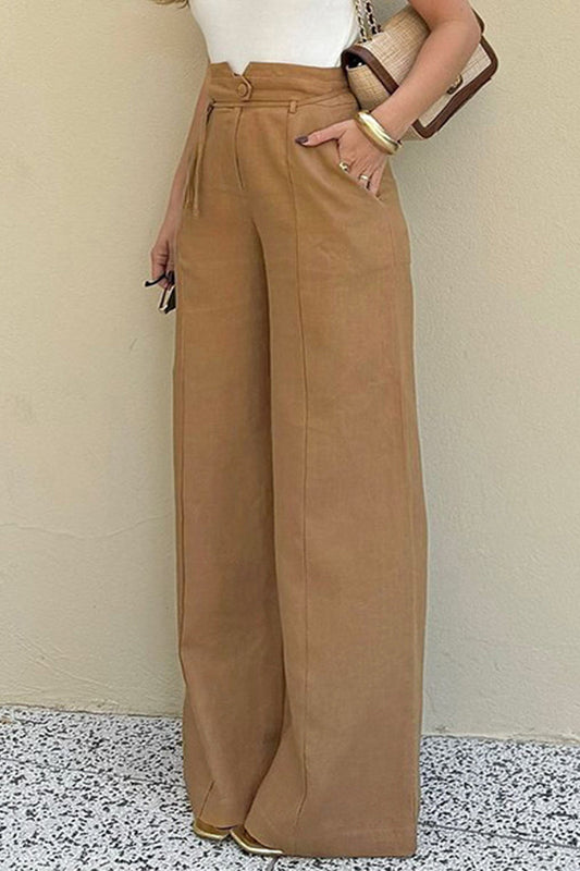 Pantalones casuales de color sólido para uso diario, con bolsillos, cordones, botones, cintura alta, holgados, con altavoz, de color sólido