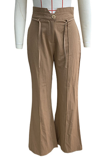 Pantalones casuales de color sólido para uso diario, con bolsillos, cordones, botones, cintura alta, holgados, con altavoz, de color sólido