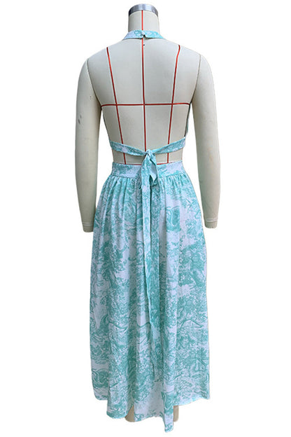 Conjunto de dos piezas sexy con estampado floral, bolsillos, cordones, hebilla, espalda descubierta, cuello halter, sin mangas