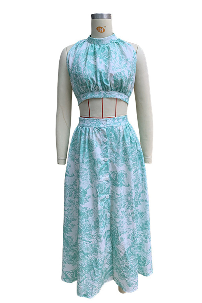 Conjunto de dos piezas sexy con estampado floral, bolsillos, cordones, hebilla, espalda descubierta, cuello halter, sin mangas