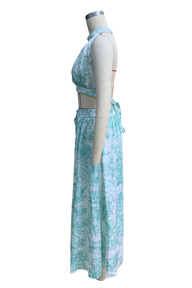 Conjunto de dos piezas sexy con estampado floral, bolsillos, cordones, hebilla, espalda descubierta, cuello halter, sin mangas