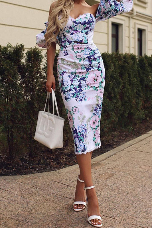 Vestidos sexis con falda cruzada, hombros descubiertos y estampado floral