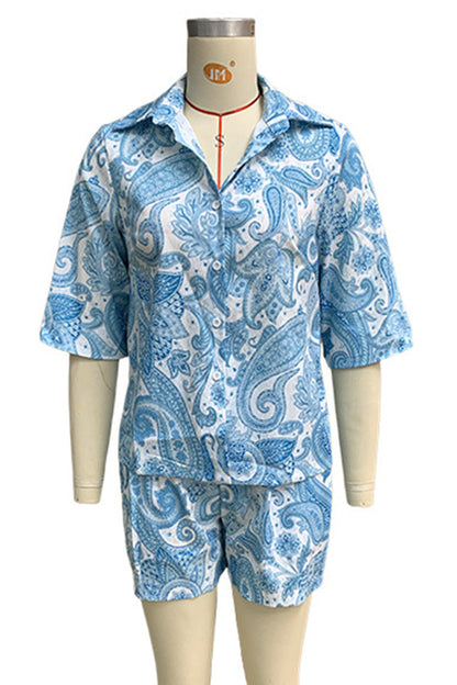 Conjunto informal de dos piezas con estampado floral, bolsillo, cuello vuelto, manga corta