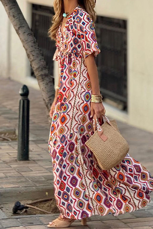 Vestidos casuales con estampado de rombos, espalda descubierta, escote en V y corte A