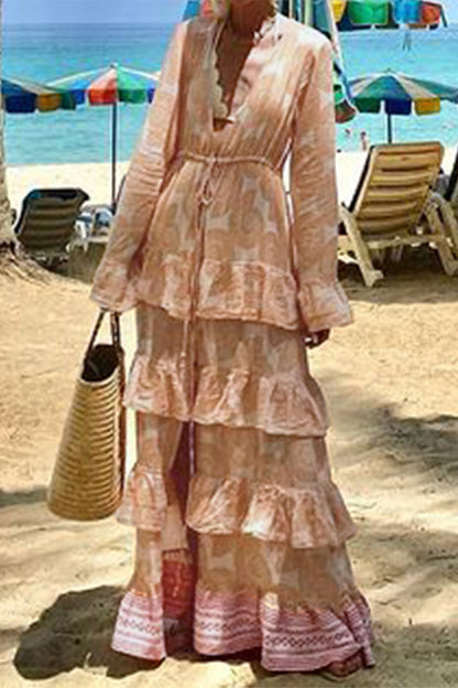 Vestidos de vacaciones bohemios con estampado geométrico, encaje, volantes, abertura, escote en V y manga larga