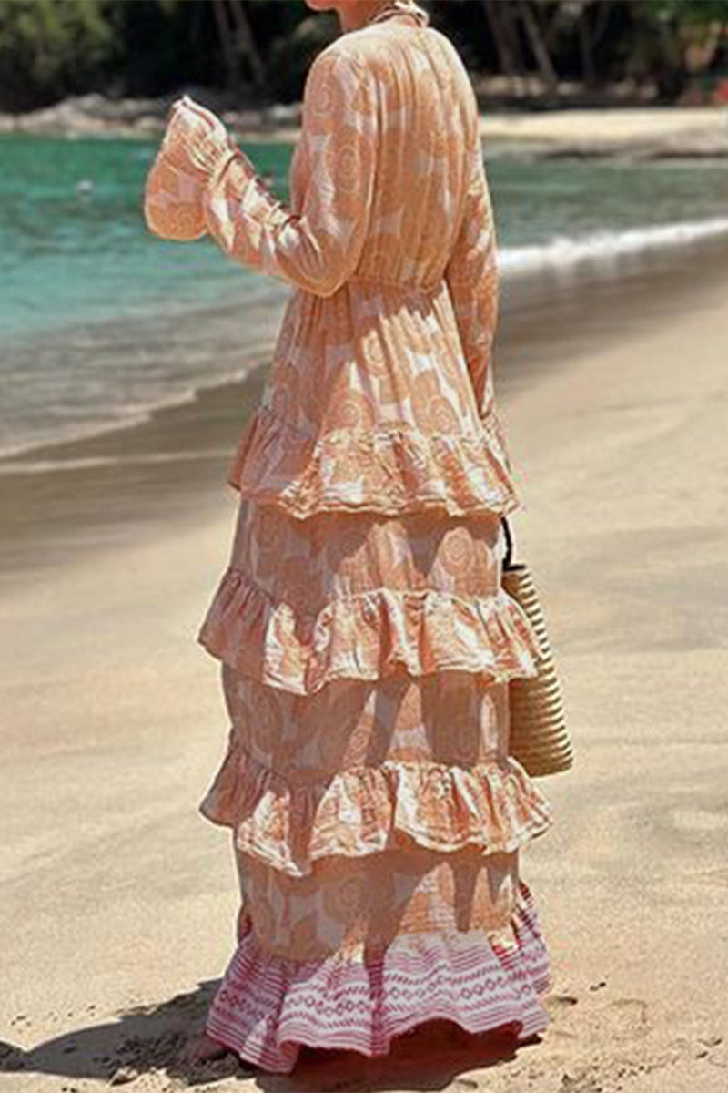 Vestidos de vacaciones bohemios con estampado geométrico, encaje, volantes, abertura, escote en V y manga larga