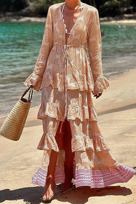 Vestidos de vacaciones bohemios con estampado geométrico, encaje, volantes, abertura, escote en V y manga larga