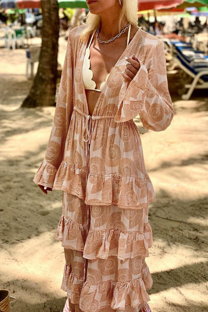 Vestidos de vacaciones bohemios con estampado geométrico, encaje, volantes, abertura, escote en V y manga larga