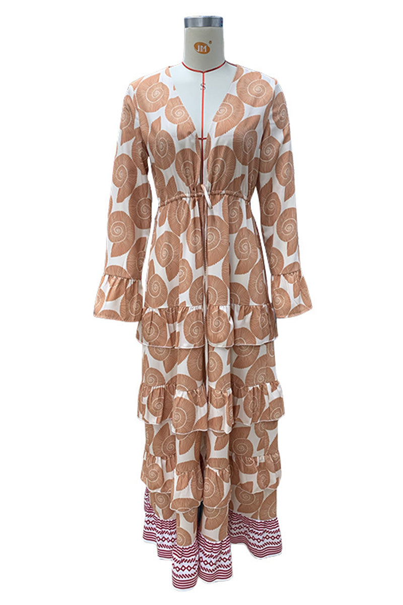 Vestidos de vacaciones bohemios con estampado geométrico, encaje, volantes, abertura, escote en V y manga larga