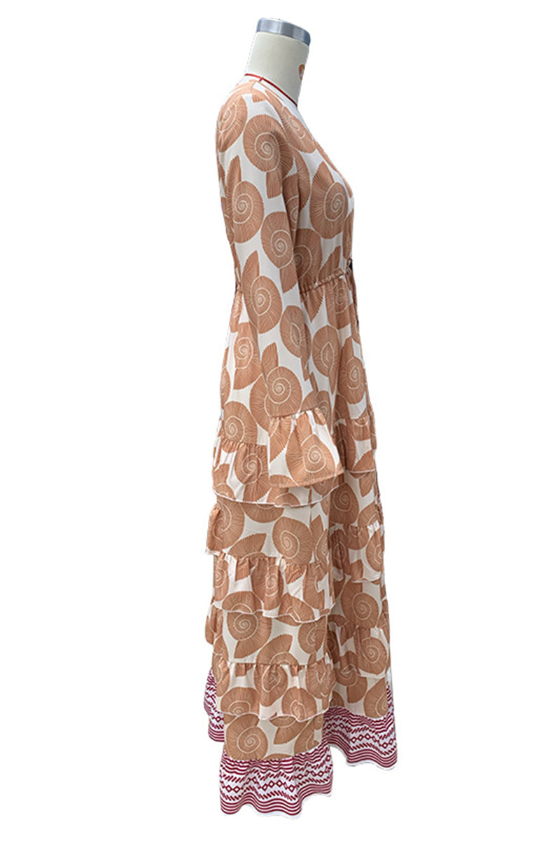 Vestidos de vacaciones bohemios con estampado geométrico, encaje, volantes, abertura, escote en V y manga larga